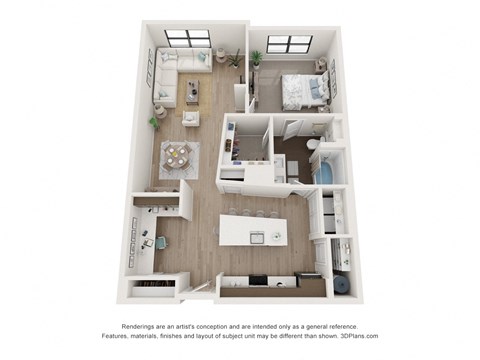 Floor plan for 1 bed, 1 bath, 1000 sqft